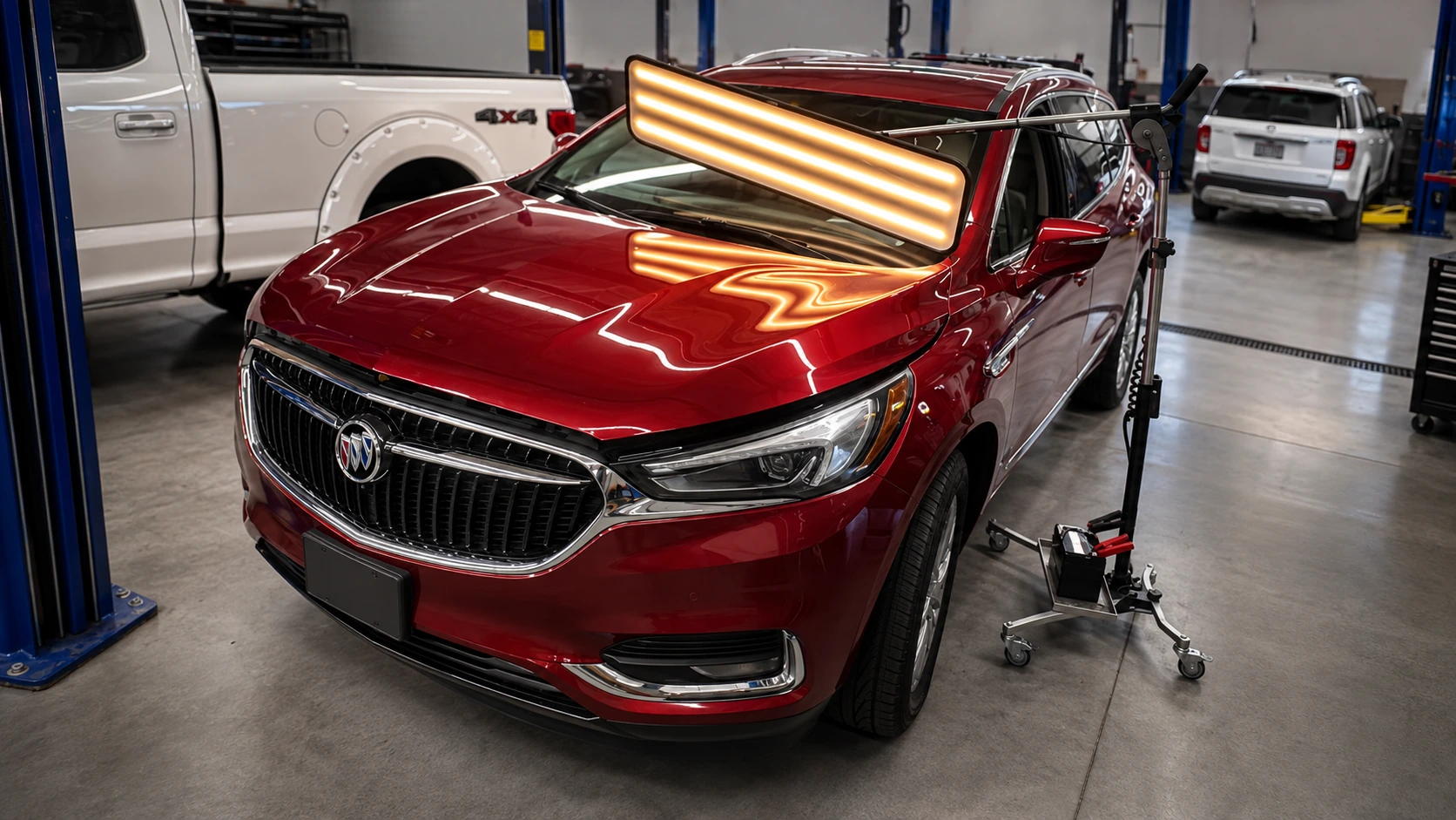 Red SUV in a professional auto shop under PDR inspection lights